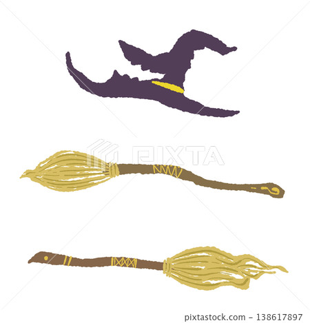 Hand-drawn illustration of a witch's hat and broom flying sideways. 138617897