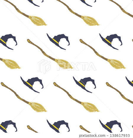 Seamless pattern of witch's hat and magic broom (scattered arrangement) Seamless pattern of witch's hat and magic broom (scattered arrangement) 138617933