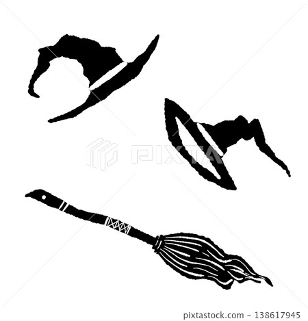 Monochrome silhouette illustration of a witch's hat and broom flying through the sky. Monochrome silhouette illustration of a witch's hat and broom flying through the sky. 138617945