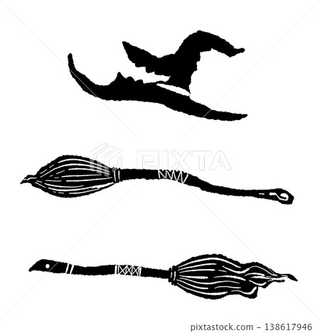 A monochrome silhouette illustration of a witch's hat and broom flying sideways. 138617946
