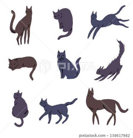 A set of hand-drawn illustrations of black cats in various poses. A set of hand-drawn illustrations of black cats in various poses. 138617982