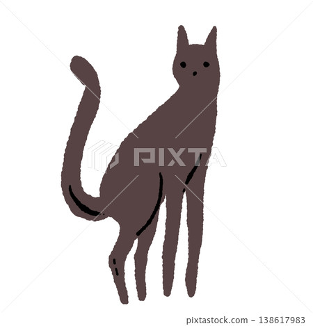 Hand-drawn illustration of a standing black cat (single, brownish) 138617983