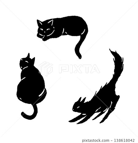 A monochrome silhouette illustration of three black cats (lying down, stretching, etc.) A monochrome silhouette illustration of three black cats (lying down, stretching, etc.) 138618042