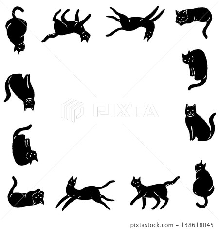 Black cat in various poses, monochrome silhouette material in a square frame. Black cat in various poses, monochrome silhouette material in a square frame. 138618045