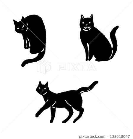 Monochrome silhouettes of three black cats in various poses (walking, sitting, etc.) Monochrome silhouettes of three black cats in various poses (walking, sitting, etc.) 138618047