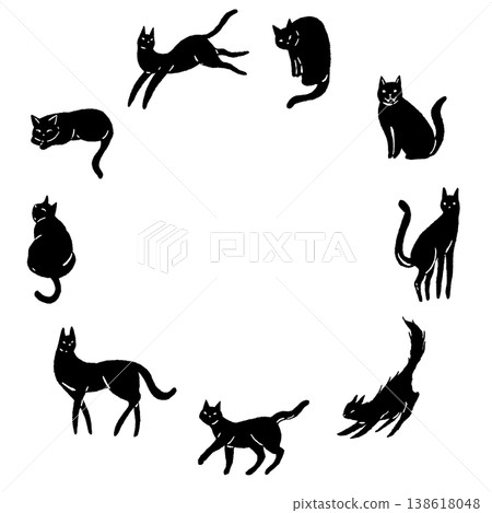 Monochrome silhouette illustrations of black cats in various poses within a round frame. 138618048