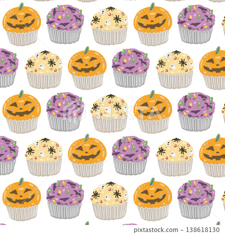 A seamless pattern of alternating spiderwebs and jack-o'-lantern cupcakes. 138618130