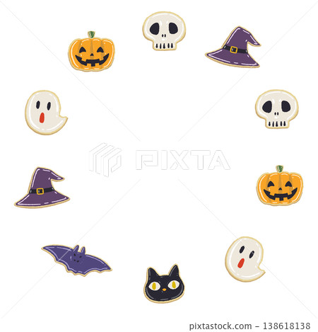A circular frame filled with cute Halloween-themed iced cookies. 138618138
