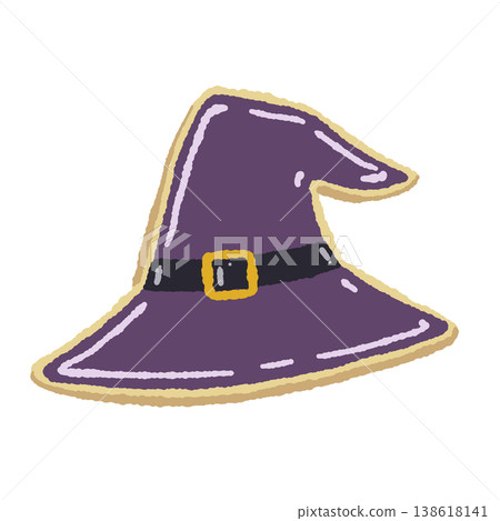 一張手繪風格的可愛紫色女巫帽糖霜餅乾插圖。 138618141