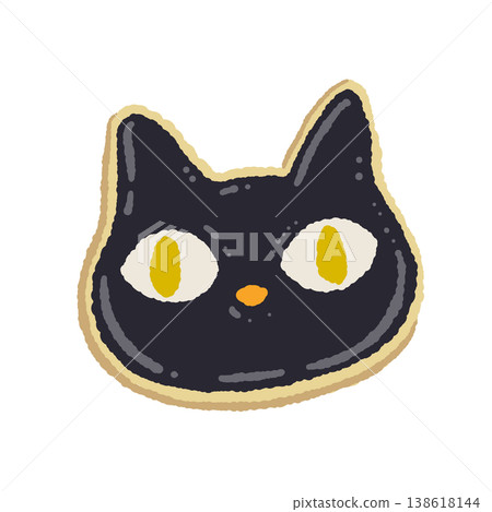 一塊手繪風格的糖霜餅乾，上面畫著一隻可愛的黑貓，有著黃色的眼睛。 138618144