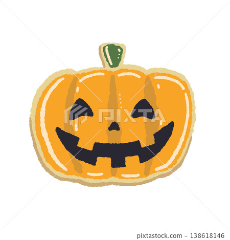 一塊手繪風格的糖霜餅乾，上面畫著一個笑瞇瞇的南瓜燈。 138618146