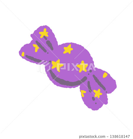 A single illustration of a candy wrapped in purple paper with a cute yellow star pattern. 138618147