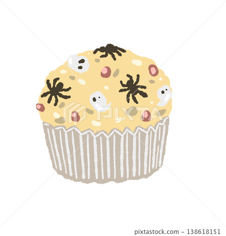 A slightly spooky Halloween cupcake topped with white cream and a spider decoration. 138618151