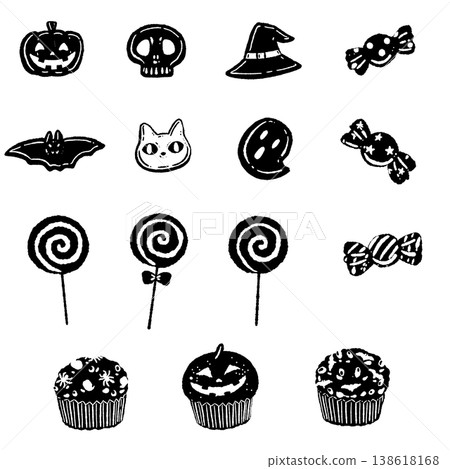 一組可愛的手繪風格單色萬聖節糖果。 138618168