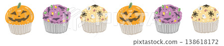 A Halloween border line of sparsely scattered orange pumpkin cupcakes A Halloween border line of sparsely scattered orange pumpkin cupcakes 138618172