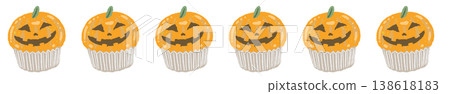 A Halloween border line of sparsely scattered orange pumpkin cupcakes 138618183
