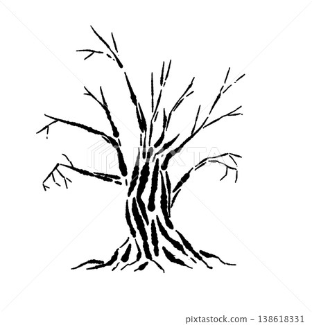 A dark and eerie Halloween monochrome silhouette illustration of a withered tree. A dark and eerie Halloween monochrome silhouette illustration of a withered tree. 138618331