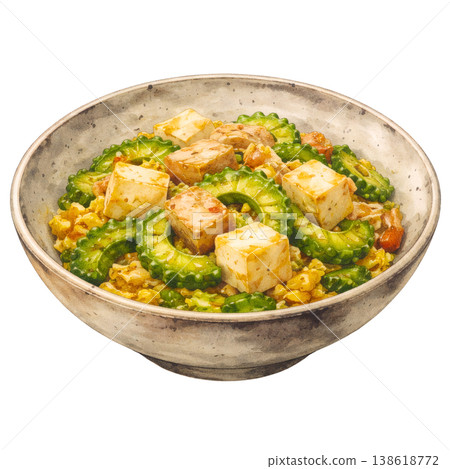 Goya Champuru (Okinawan stir-fry) - Japanese-style watercolor painting (cutout material) eye-catching image Goya Champuru (Okinawan stir-fry) - Japanese-style watercolor painting (cutout material) eye-catching image 138618772