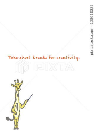 Hand-drawn illustration of a giraffe business character - Vertical message card template with a pointing stick Hand-drawn illustration of a giraffe business character - Vertical message card template with a pointing stick 138618822