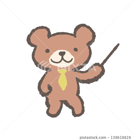 Hand-drawn illustration of a bear cub in a business suit - a bear in a suit giving directions with a pointer stick. Hand-drawn illustration of a bear cub in a business suit - a bear in a suit giving directions with a pointer stick. 138618828