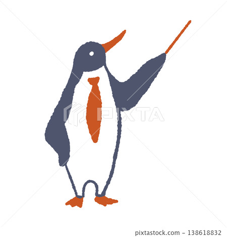 企鵝商務人物手繪插圖－一隻穿著西裝、拿著指示棒指路的鳥。 138618832