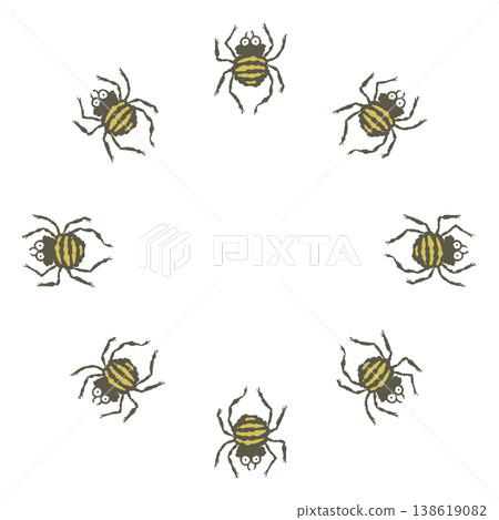 萬聖節主題的圓形邊框,上面印有圓形蜘蛛圖案,留有文字空間。 萬聖節主題的圓形邊框,上面印有圓形蜘蛛圖案,留有文字空間。 138619082