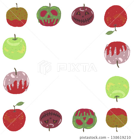Hand-drawn illustration square frame of poisoned apple and normal apple - spooky background for Halloween 138619210