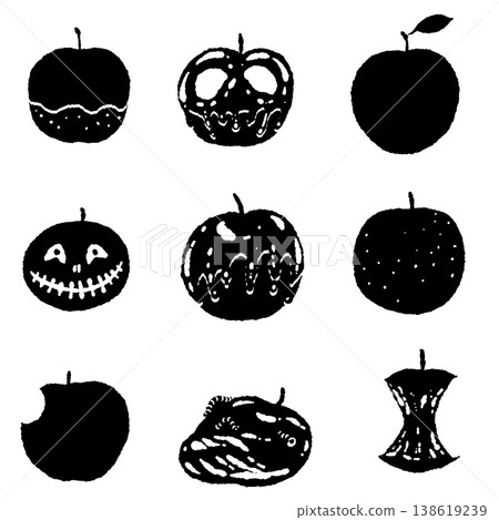 A monochrome silhouette set of various poisoned apples and regular apples - a spooky fruit collection for Halloween. A monochrome silhouette set of various poisoned apples and regular apples - a spooky fruit collection for Halloween. 138619239