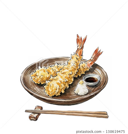 一幅描繪盛放在盤子裡的炸蝦天婦羅的插圖，以日本繪畫風格繪製。 138619475