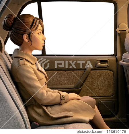 A clay art-style drawing of a woman's profile as she sits in the back seat of a car and looks out the window. 138619476