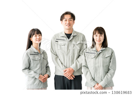 Male and female staff in the manufacturing, building, transportation, and construction industries wearing work clothes. Male and female staff in the manufacturing, building, transportation, and construction industries wearing work clothes. 138619683