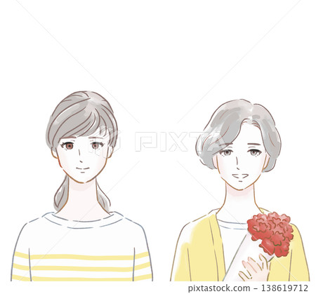 A mother and her grown-up daughter smiling on Mother's Day; mother and daughter holding carnations; watercolor-style illustration. A mother and her grown-up daughter smiling on Mother's Day; mother and daughter holding carnations; watercolor-style illustration. 138619712