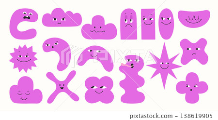 Geometric characters set blob shapes expressive comic smiling childish different cartoon facial art Geometric characters set blob shapes expressive comic smiling childish different cartoon facial art 138619905