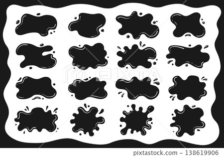 Liquid shapes frames uneven wavy edges set fluid puddles splashes drops blobs stains text background Liquid shapes frames uneven wavy edges set fluid puddles splashes drops blobs stains text background 138619906
