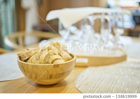 baguette slices in a wooden bowl 138619999