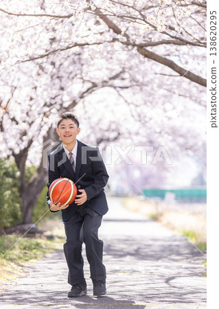 Male students playing basketball under cherry blossoms in full bloom 138620295