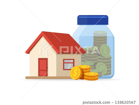 House with Glass Jar Full of Gold Coins Concept Stock Illustration. 138620567