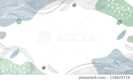 A watercolor background frame with gentle line drawings of summer plants, evoking healing, relaxation, and transparency. 138620719
