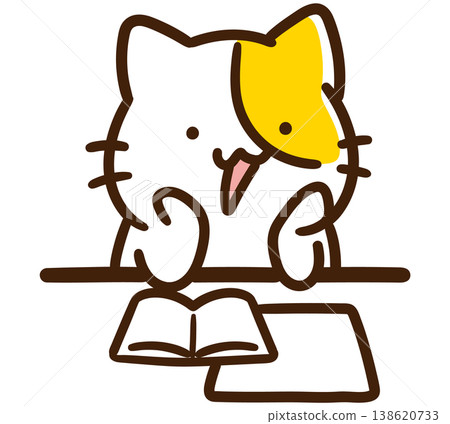 一幅可愛、風格化的插圖,描繪了一隻貓咪角色正在聽老師講課,它的下巴擱在爪子上。 一幅可愛、風格化的插圖,描繪了一隻貓咪角色正在聽老師講課,它的下巴擱在爪子上。 138620733