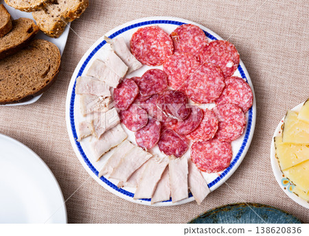 Sausage mix, slicing of various types of sausages served with aperitif. Sausage mix, slicing of various types of sausages served with aperitif. 138620836