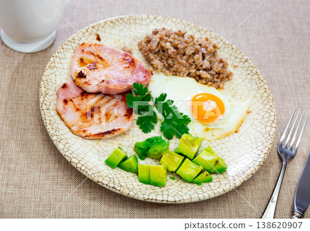 Breakfast: pork, avocado, scrambled eggs and buckwheat Breakfast: pork, avocado, scrambled eggs and buckwheat 138620907