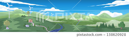 Landscape of small village with clean energy on a hillside. Wind turbines that generate electricity from wind currents are located on hillsides. asphalt road that cuts through hills and valleys. Landscape of small village with clean energy on a hillside. Wind turbines that generate electricity from wind currents are located on hillsides. asphalt road that cuts through hills and valleys. 138620928