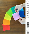 A child's hand arranging the eighth piece of origami paper. 138621150