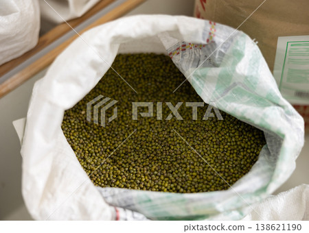 Sacks of green soybeans at food market Sacks of green soybeans at food market 138621190