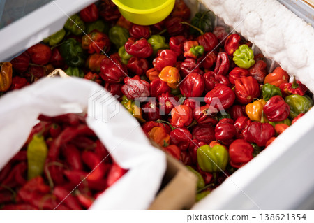 Whole frozen red sweet pepper are in shopwindow refrigerator. Whole frozen red sweet pepper are in shopwindow refrigerator. 138621354