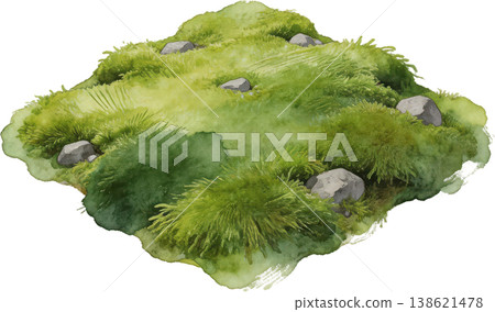 A watercolor illustration of a lush, green landscape with rocky hills, a miniature natural scene. 138621478