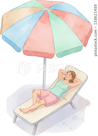 A woman relaxing under a colorful, watercolor-style beach umbrella. 138621489