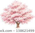 水彩插畫：春日景色，櫻花盛開，淡粉紅色花瓣隨風飄舞。 138621499