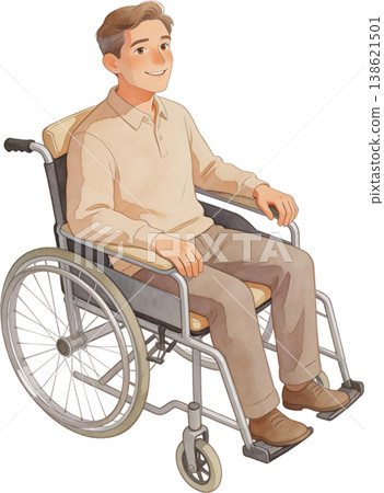 A middle-aged man in a wheelchair with a smile on his face. A middle-aged man in a wheelchair with a smile on his face. 138621501