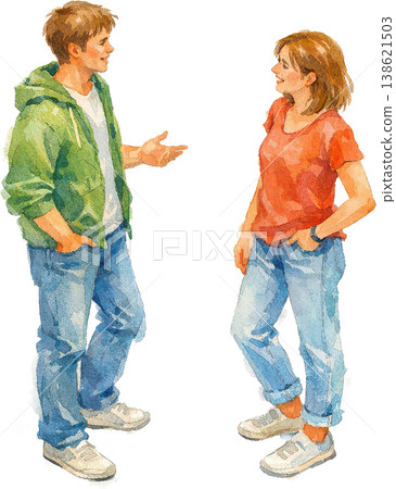 A casual conversation between a young man and woman, illustrated in a watercolor style. A casual conversation between a young man and woman, illustrated in a watercolor style. 138621503